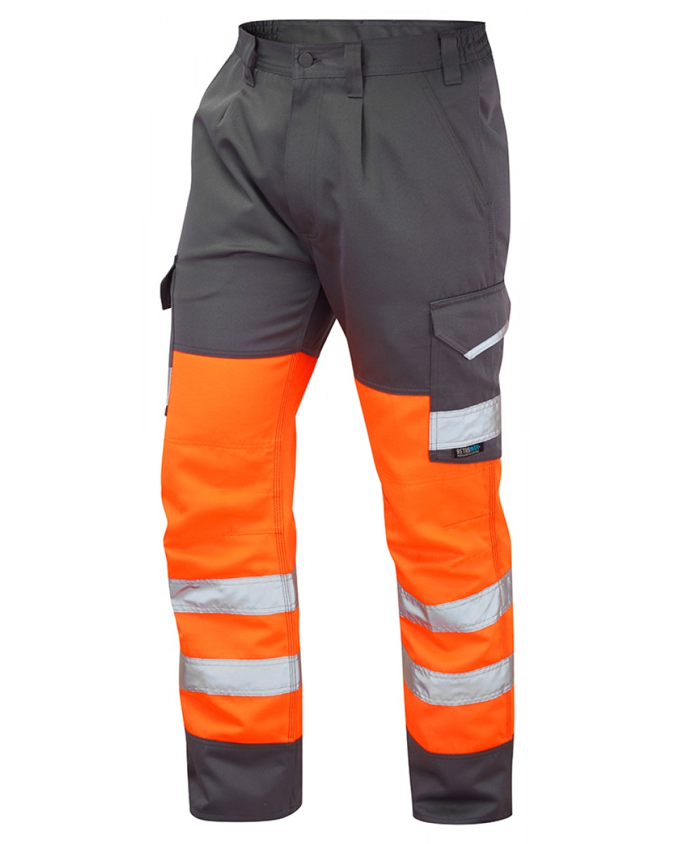Work pants with many pockets, cotton/polyester, gray/orange